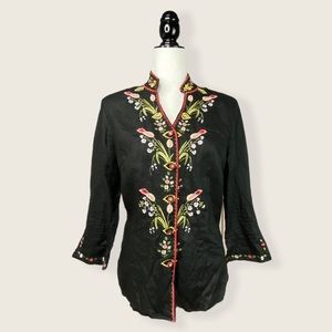 Anne Carson 100% Linen Black Embroidered Floral Mandarin Blouse Size 4 EUC
